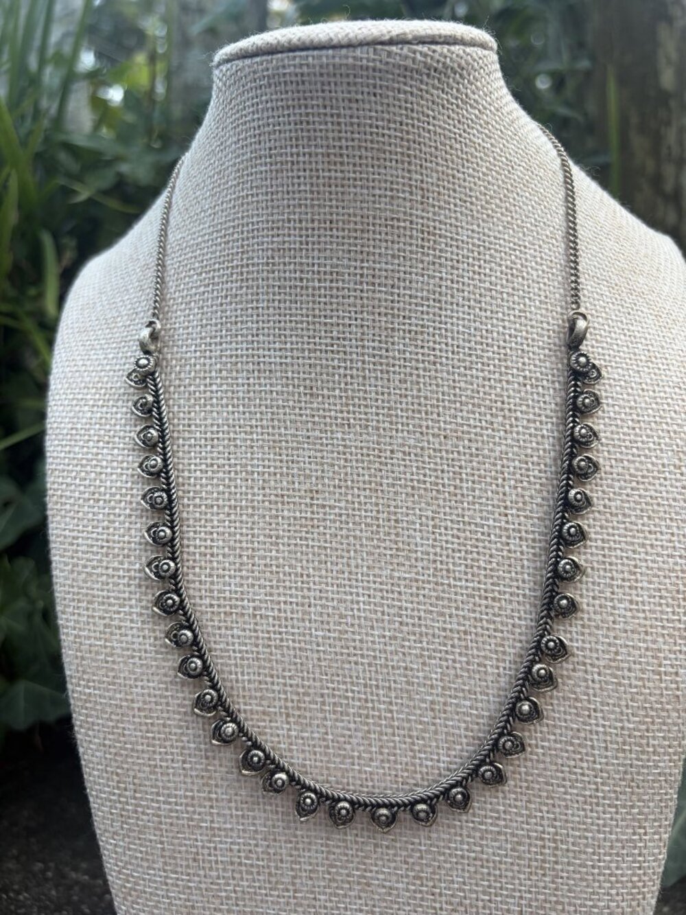 VTG Silver Tone Indian Ethnic Filigree Drop Link Choker Necklace Statement 17.5"